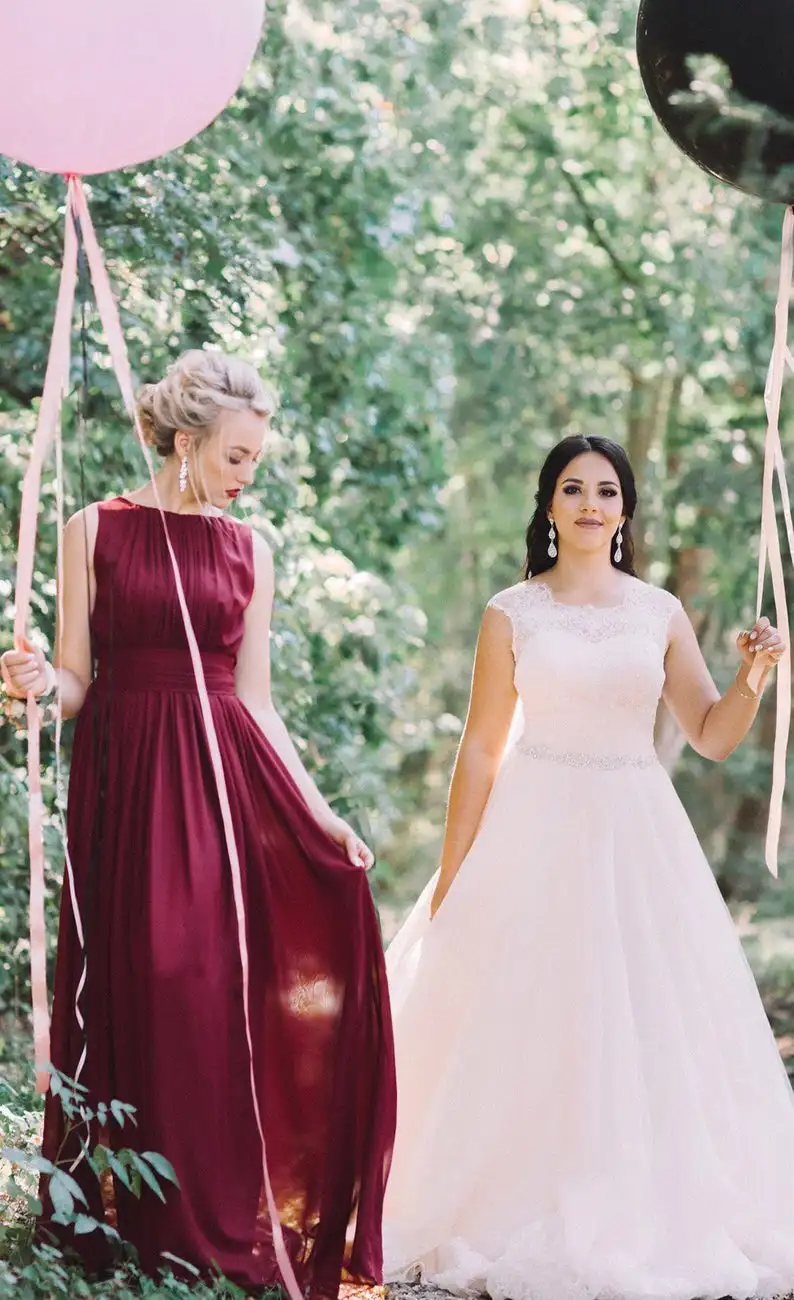 Бордовое платье подружки невесты в крестьянском стиле круглый вырез марсала шифоновое макси богемное пляжное Junior пригласительные на свадьбу платье