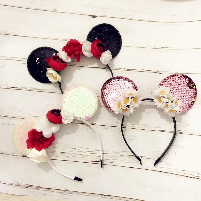 

Baby Minnie Mouse Ears Hairband Artificial flower headband hair band for kis Photography Props accessories