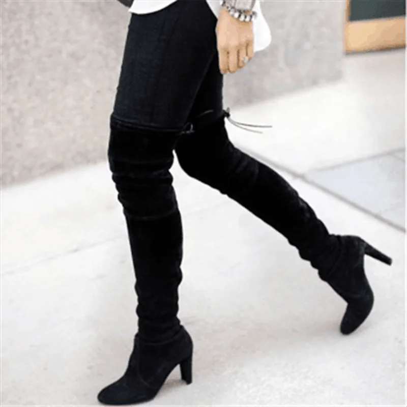 HEFLASHOR Fashion Female Winter Thigh High Boots Faux Suede Leather Solid High Heels Women Over The Knee Shoes Drop shipping