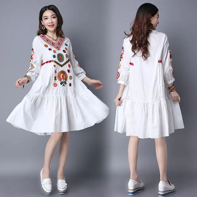 Hot Sale Vintage 70s Mexican Boho Hippie Floral Embroidered Ethnic Loose White Long Chic Women Dress Hot Sale Vintage 70s Mexican Boho Hippie Floral Embroidered Ethnic Loose White Long Chic Women Dress