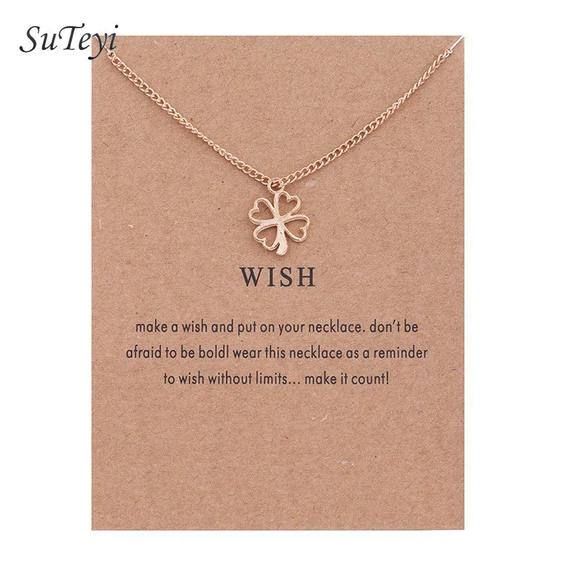 SUTEYI трендовый позолоченный кулон в форме клевера с надписью Wish Love ожерелье из