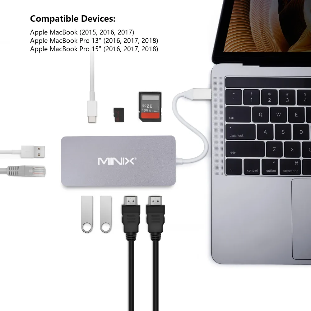 MINIX USB-C концентратор многопортовый адаптер с двойным HDMI выходом 4K адаптер 3 USB 3,0 Gigabit Ethernet USB-C Зарядка для Apple MacBook