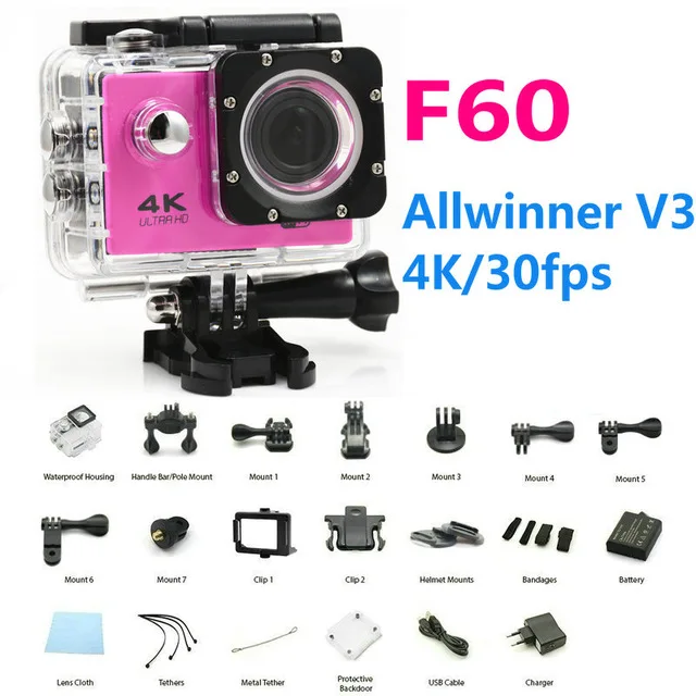 Action Video Camcorder F60 camera 4K Full HD 1080P 2.0"LCD Diving 30M Waterproof pro Sport DV go Cam Allwinner 4K/30fps V3