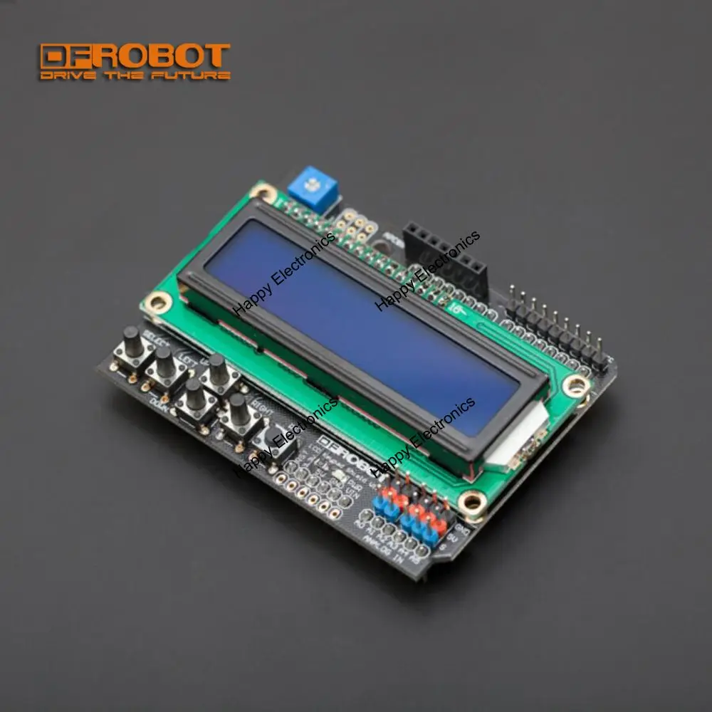 

DFRobot popular 1602 LCD Keypad Shield For Arduino, 5V with potentiometer 5 programmable buttons 1 reset button I/O pins etc.