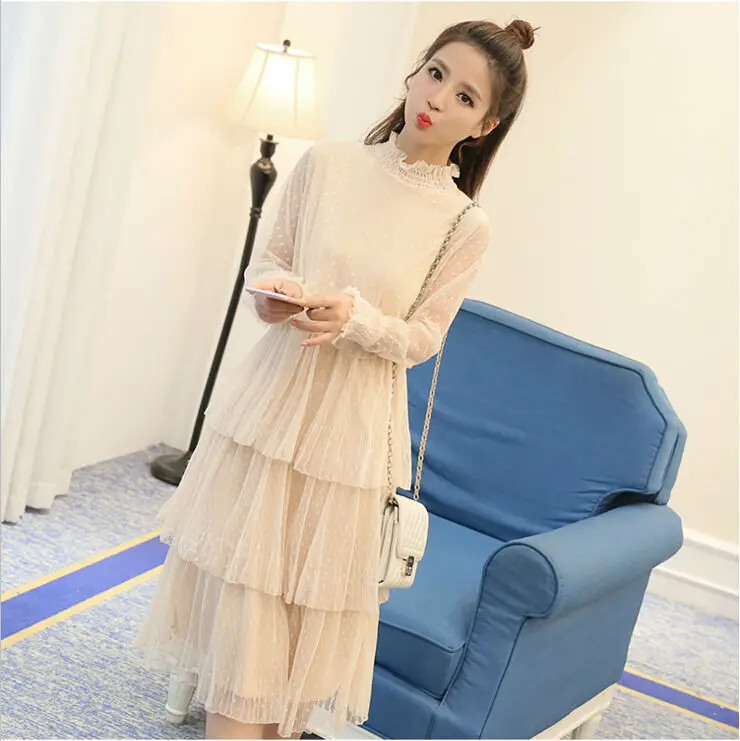 Popular New Fashion Korean Vintage Multilayer Pleated Mesh Dress High Waist Ruffles Long Sleeve Casual Midi Dress Women Dress