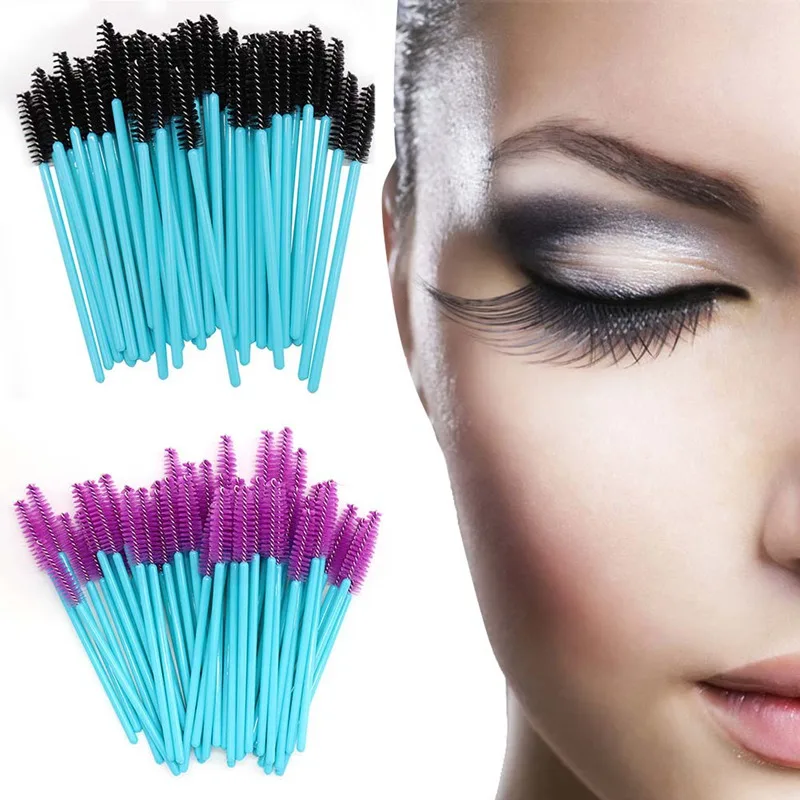 

New Arrived 50pcs Blue Handle Pink Brushes Top Quality Nylon Disposable Mascara Wands Lashes Makeup Brushes Eyelash Extension