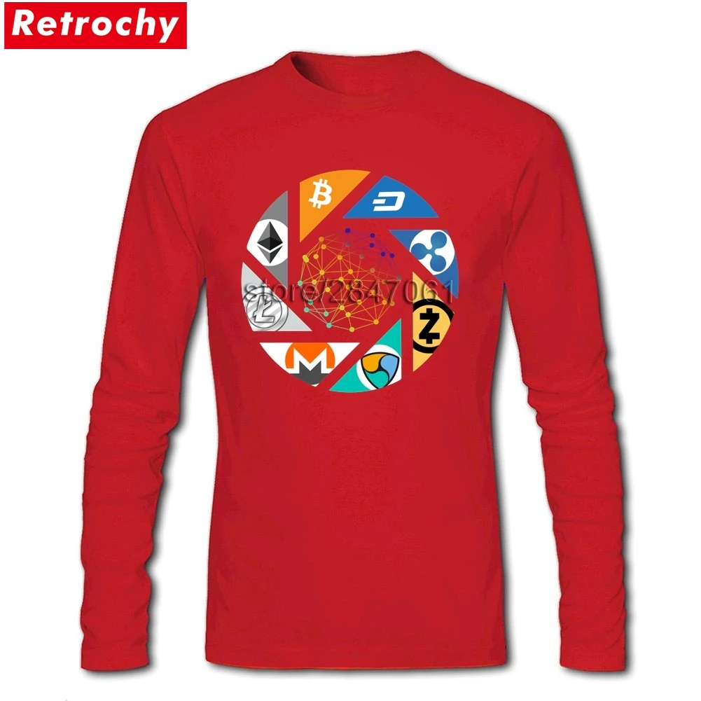 Cryptocurrency Bitcoin Litecoin Dash Zcash Ethereum Monero Ripple Men T Shirts Asian Size Crew-neck Long Sleeve T- Shirts