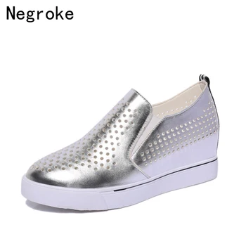 

2019 Fashion Women Wedge Casual Shoes Slip On Loafers Female Breathable Hollow Out Low Heel Platform Sneakers White Black Silver