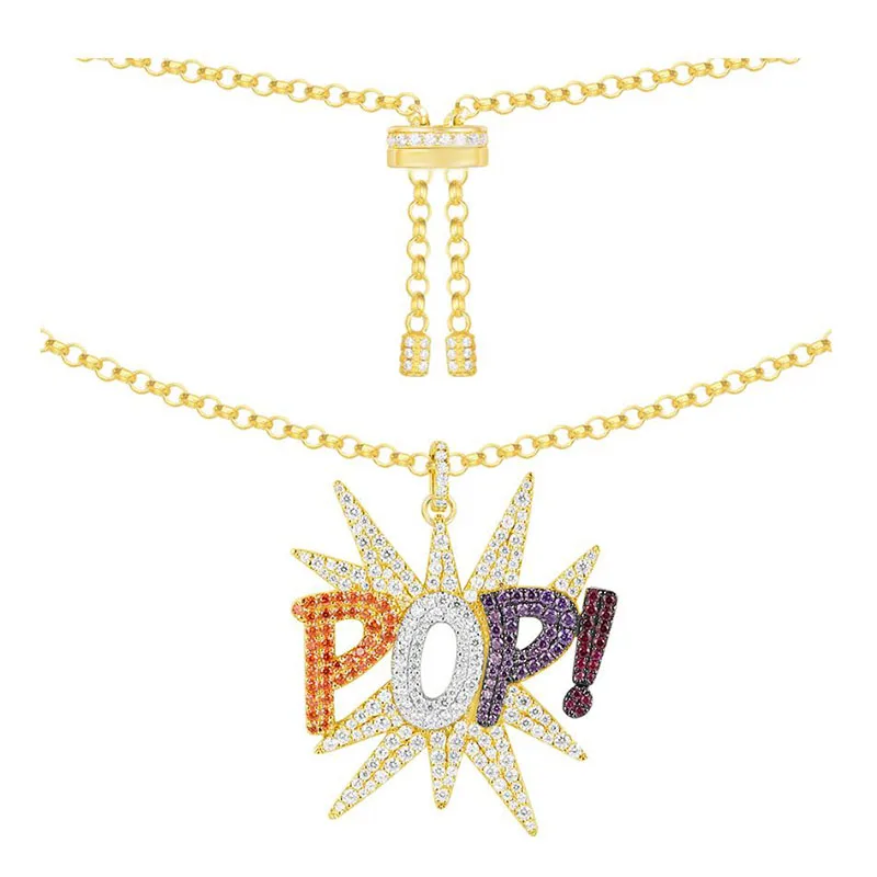 

SLJELY 925 Sterling Silver Multicolor Zircon Charm Pop Pendant Necklace Yellow Gold Color Adjust Long Chain Women Monaco Jewelry