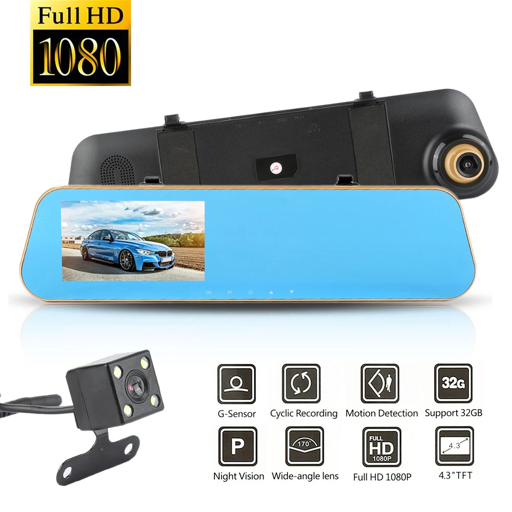 

1080P HD 4.3" 5 million LCD Display Ultra Wide Angle Front Rear Camera dual recording Driving recorder on Rear view Mirror