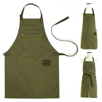 

2018 Hot New BBQ Senior Green Canvas Apron Bib Kitchen apron for Women Men cooking Restaurant Waitress Custom Print Logo