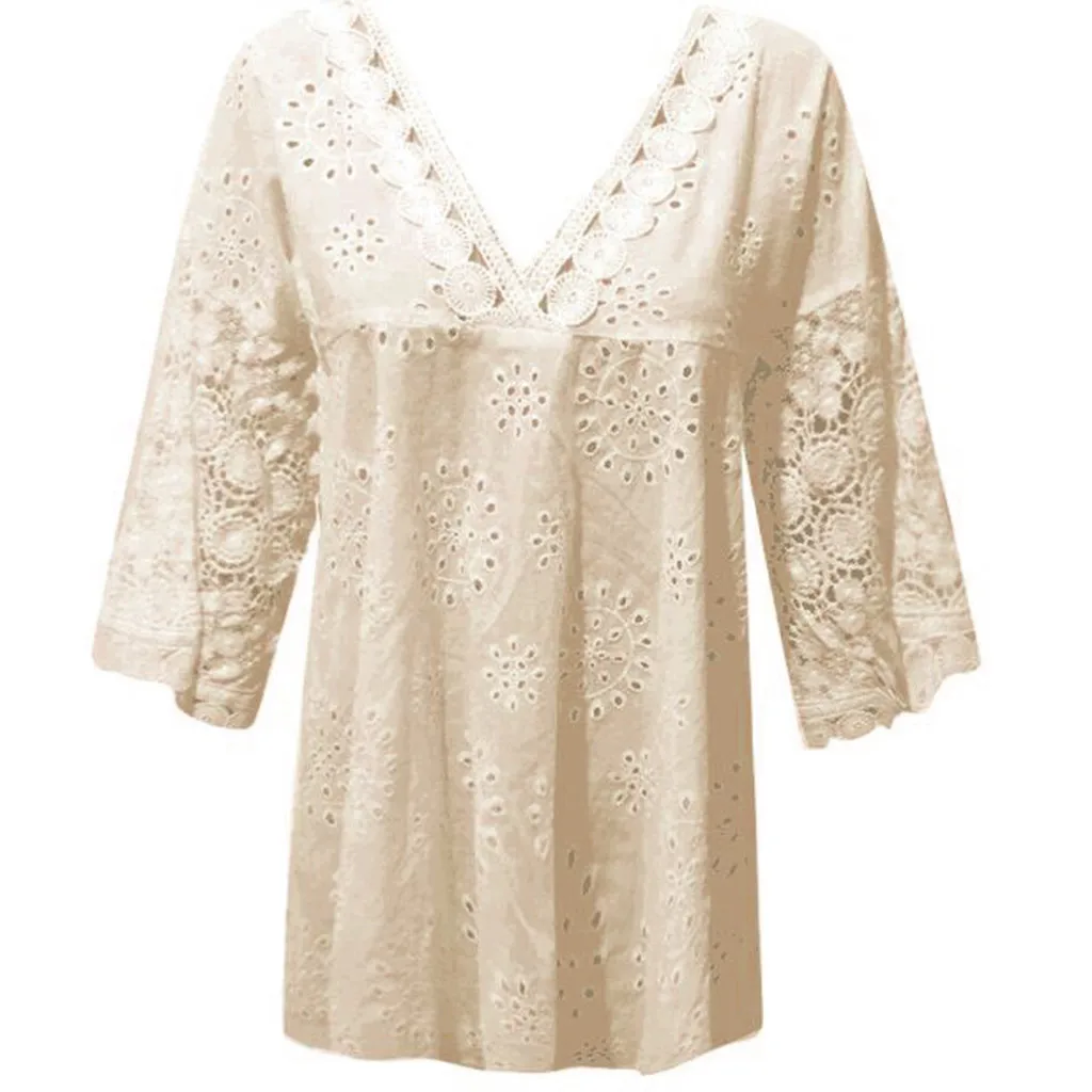 Женская блузка, женская блузка с рукавом три четверти, хлопок, лен, открытая Кружевная блуза в стиле пэчворк, топы, повседневные топы с коротким рукавом#5