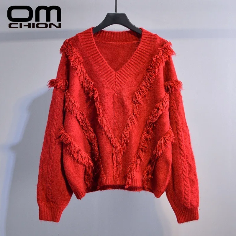 

OMCHION Pull Femme 2019 Autumn Winter V Neck Women Sweaters And Pullovers Korean Tassel Sweater Loose Knitted Warm Jumper LMY149