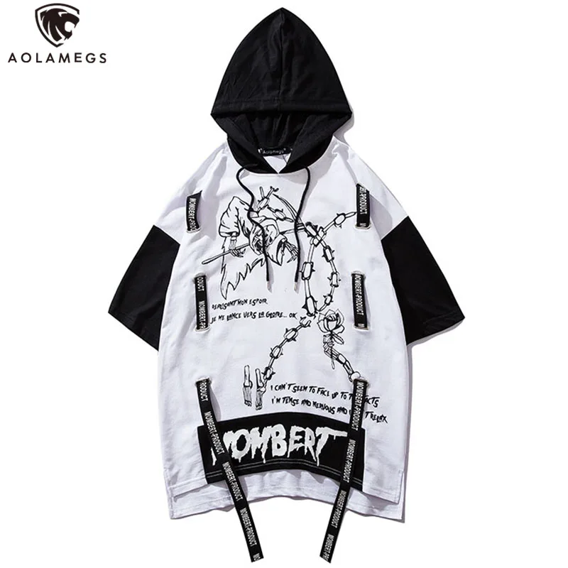 

Aolamegs T Shirt Men Block Ribbon Hooded Print Men's Tee Shirts Short Sleeve T Shirt Fashion High Street Tees Summer Streetwear