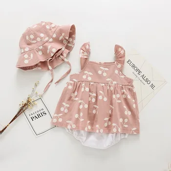 

Newborn Baby Girl Clothes Cotton Ruffles Baby Girl Romper Summer Strawberry Jumpsuits Kids Toddler Girls Romper Dress+Hat 2pcs