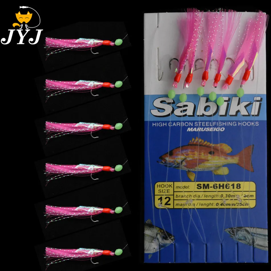 50 packs pink fishing sabiki rigging hooks ,5 arms artificial fishing