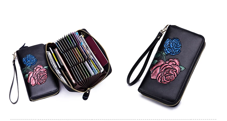 Lomelobo Long Hand Painted Card Wallet Lady Split Leather Rose Flowers Women Purse Girl Business RFID Credit Card Holder HPLA105 Details (15)