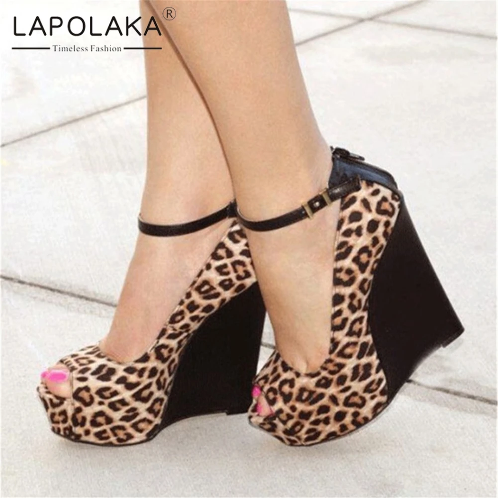 

Lapolaka Size 47 Sexy Patchwork Leopard Platform Peep Toe Women Wedges Shoes Heeled Summer Party High Heels Shoes Woman Pumps