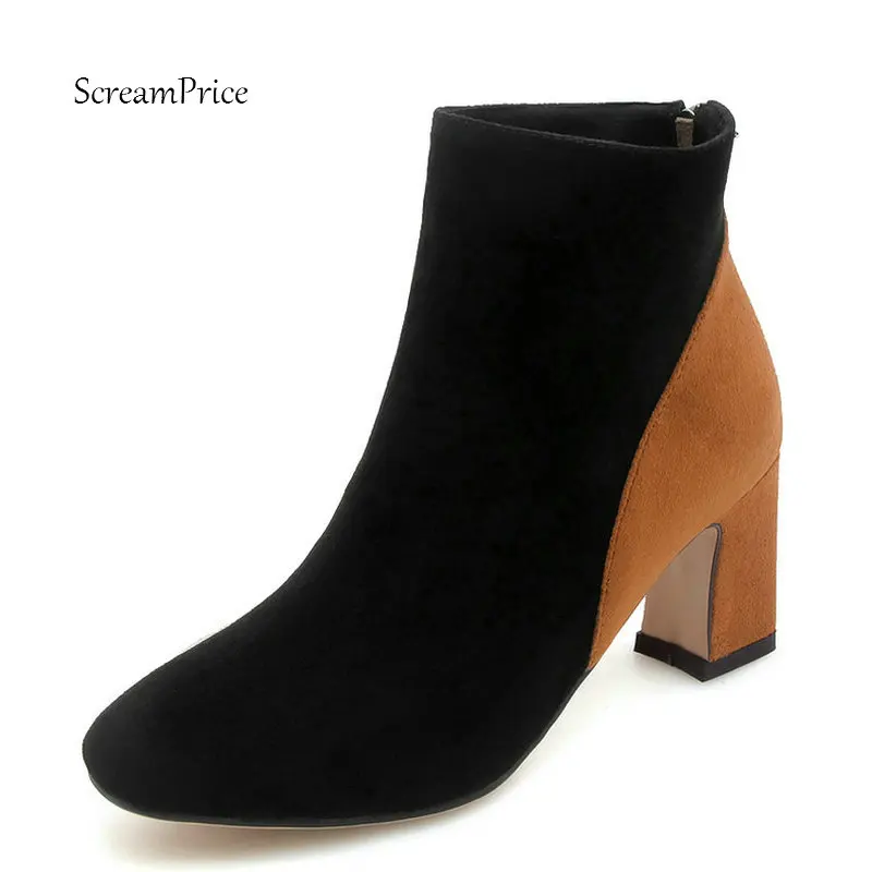 

Ladies Flock Thick High Heel Ankle Boots Fashion Zipper Shoes Women Mixed Color Square Toe Fall Winter Booties Black Red