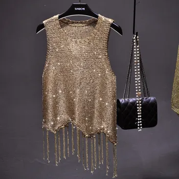 

Korea New Summer Sexy Hollow Out Knitted Top O Neck Sequins Tassel Women Camisole Sleeveless Ladies Tanks Nightclub Bling Top