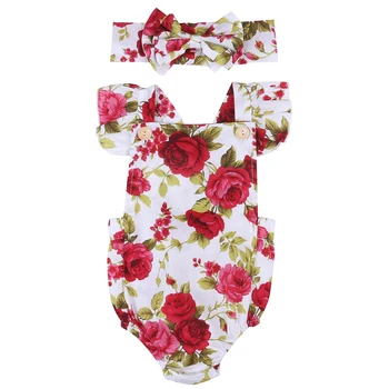 

2017 new arrival Summer Baby Girls Clothes Flower Jumpsuit baby Bodysuit + floral Headband Outfits 0-18M Newborn baby clothing