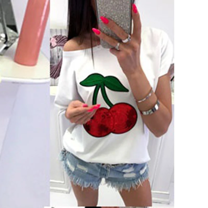 

casual women T-shirts Sexy Off Shoulder short sleeves T-shirts Cherry Sequin T-shirt Tops Women clothes WS9079T