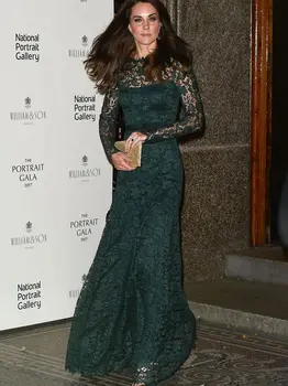 

Kate Middleton Princess Women Dres New Green Lace Long Sleeve Elegant Dres