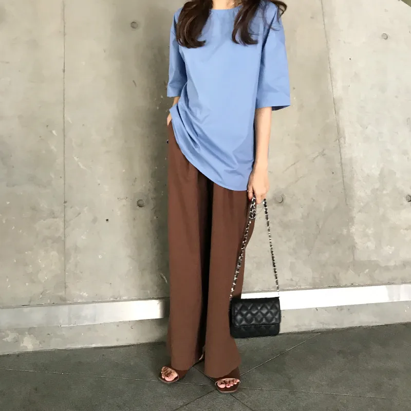 

Women Autumn Summer Brown Wide Leg Long Pants Cottons Linen Trousers Loose Plus Size Elastics High Waist Pantalon Femme
