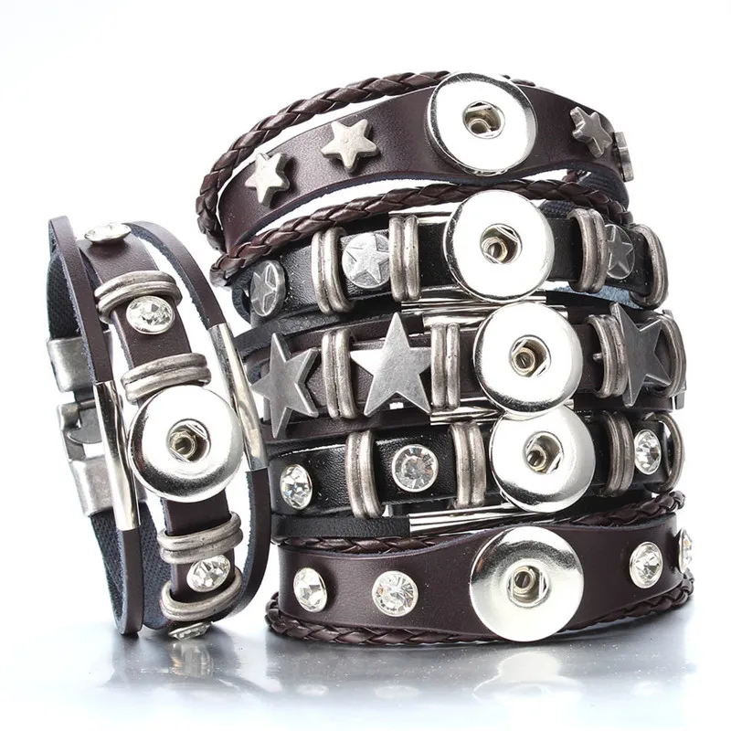 

Fashion Charms Leather Snap Bracelet Black Brown Retro Handmade Braided Bracelets Fit 18mm Snap Buttons Jewelry Wholesale ZE546-