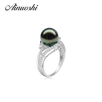 

AINUOSHI 9.5-10mm Black Tahitian Pearl Round Pearl Ring 925 Sterling Silver Women Wedding Engagement Anniversary Rings Jewelry