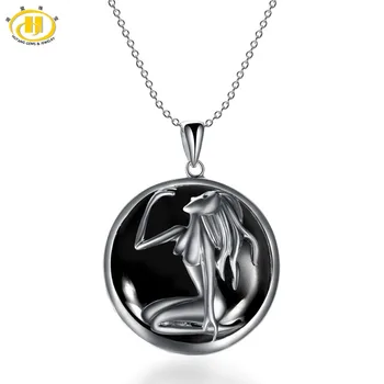 

Hutang Virgo Zodiac Pendant Natural Black Jade 23mm Solid 925 Sterling Silver Necklace Women's Men's Fine Jewelry
