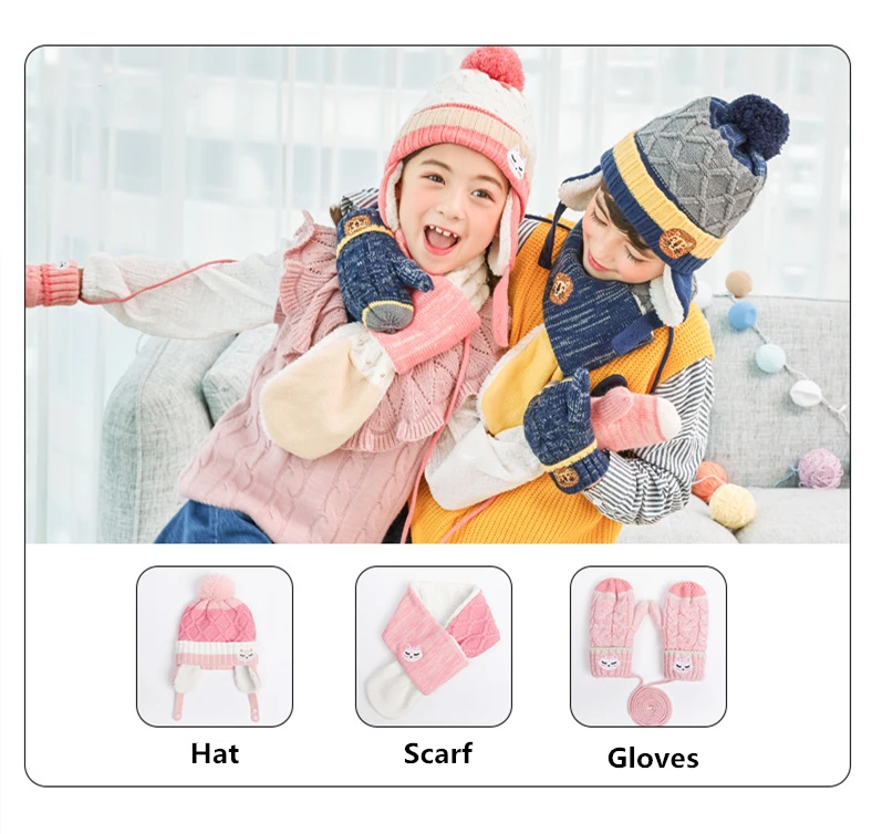 Детский зимний комплект с шарфом для мальчиков и девочек, вязаные шапки, шарфы, перчатки, комплект из 3 предметов, шарфы с капюшоном, Детский
