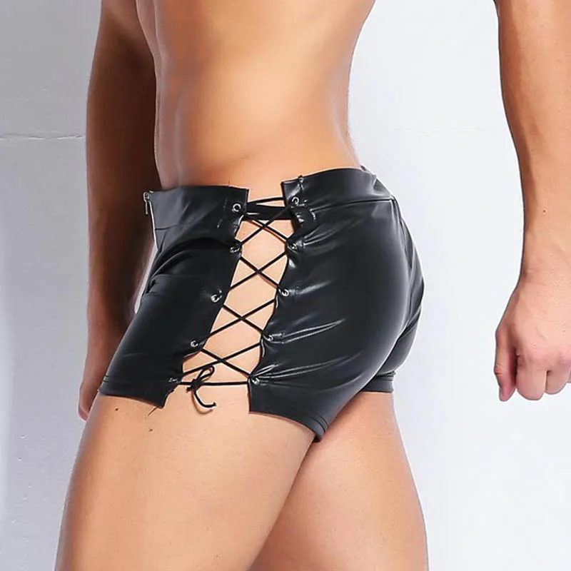 

Men's Sexy Walking Leather Short Shorts Strappin Hip Huggers Faux Leather Body Engineers Flank Bandage Casual Men Puttee Shorts