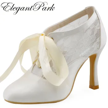 

winter autumn Women Shoes HC1529 Ivory Round Toe woman Boots Lace up High Heel Satin Lady female Wedding Bridal Shoes