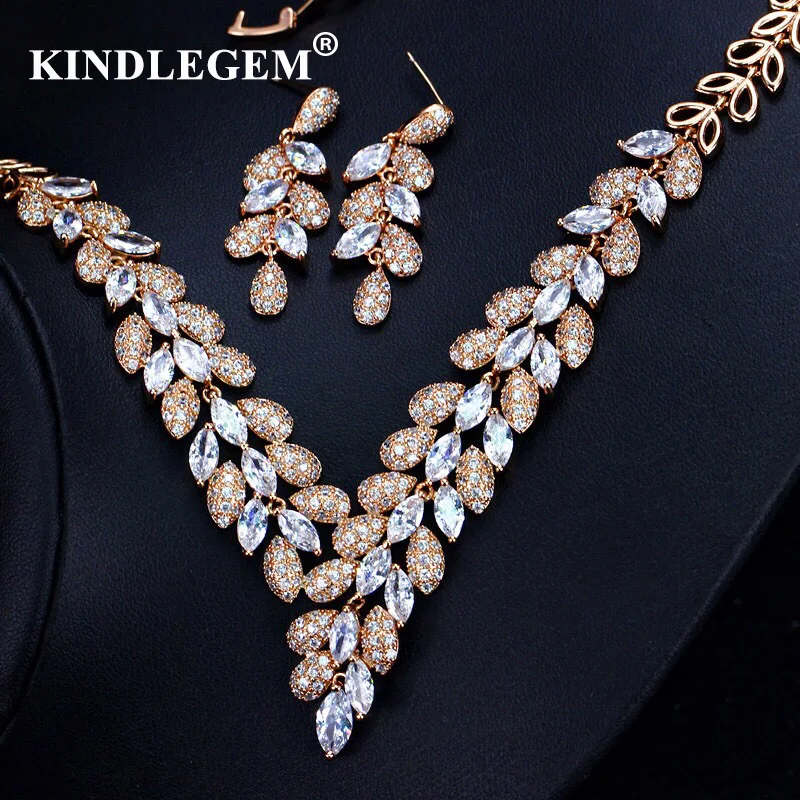 

Kindlegem 2019 Luxury Bling Bling Zircon Jewelry Set Fashion Earrings Necklace European Dubai Gold Bride Engagement Bijoux