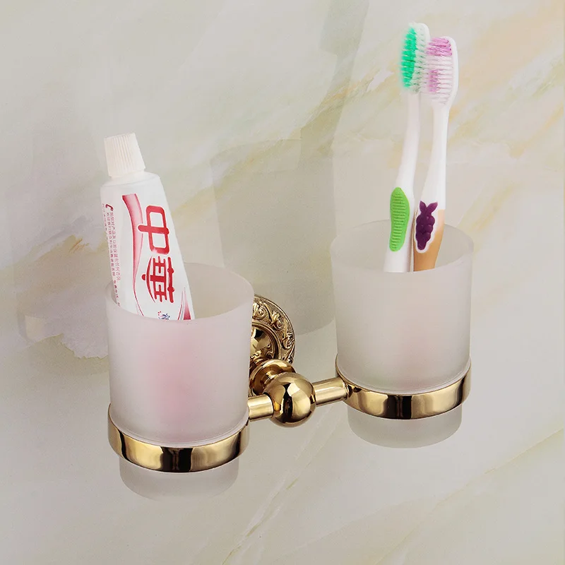 Золотой резной набор оборудования для ванной комнаты держатель туалетной щетки крючок для халата Античные аксессуары для ванной комнаты Настенные Аксессуары для ванной комнаты - Цвет: double cup holder