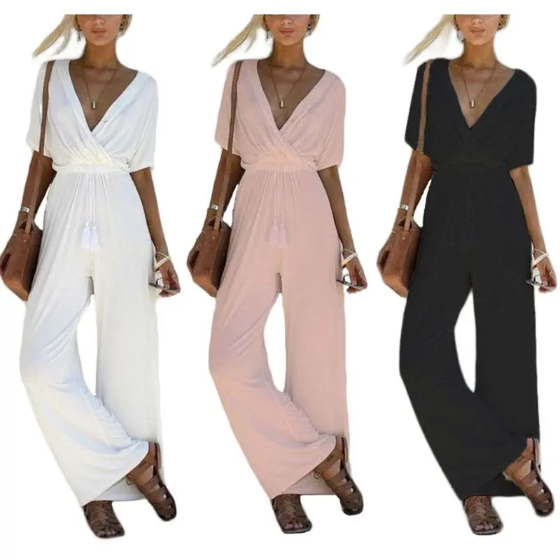 

Womens Ladies Deep V Neck Wide Leg Jumpsuit Evening Party Summer Beach Long Playsuit