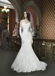 Романтический элегантный белый свадебные платья 2016 новый русалка милая с плеча аппликации кружева люкс жениться платье для партии