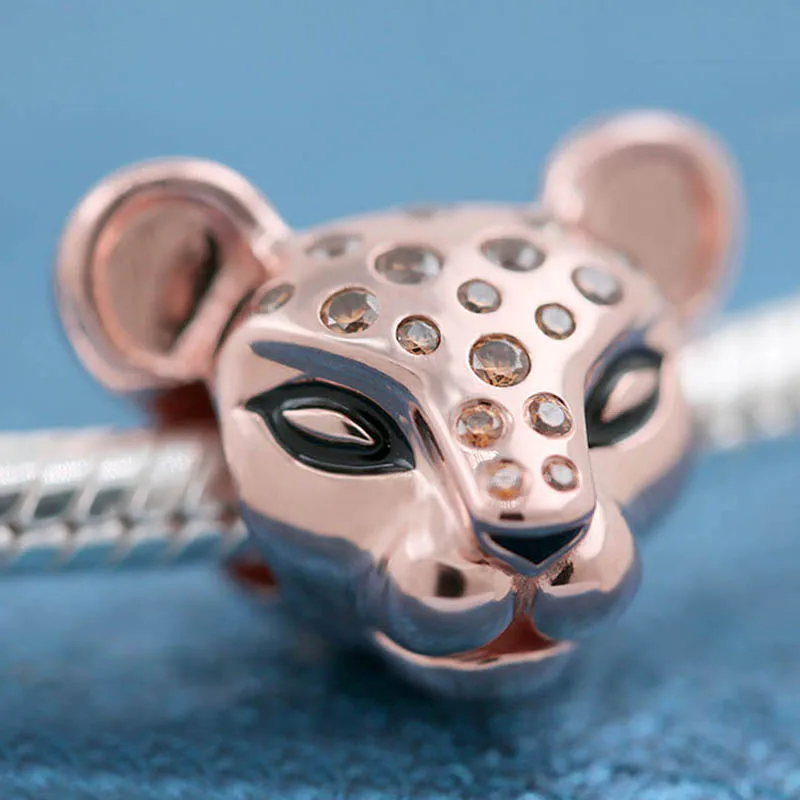 

New 925 Sterling Silver Bead Charm Black Enamel Honey-coloured Stone Spots Rose Lioness Beads Fit Pandora Bracelet Diy Jewelry