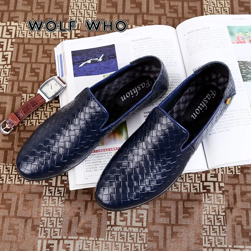 

WOLF WHO Luxury Men Leather Loafers Retro Weave Lozenge Pattern Shoes Brand Comfort Casual Male Flats Footwear Big Size 45 X-200