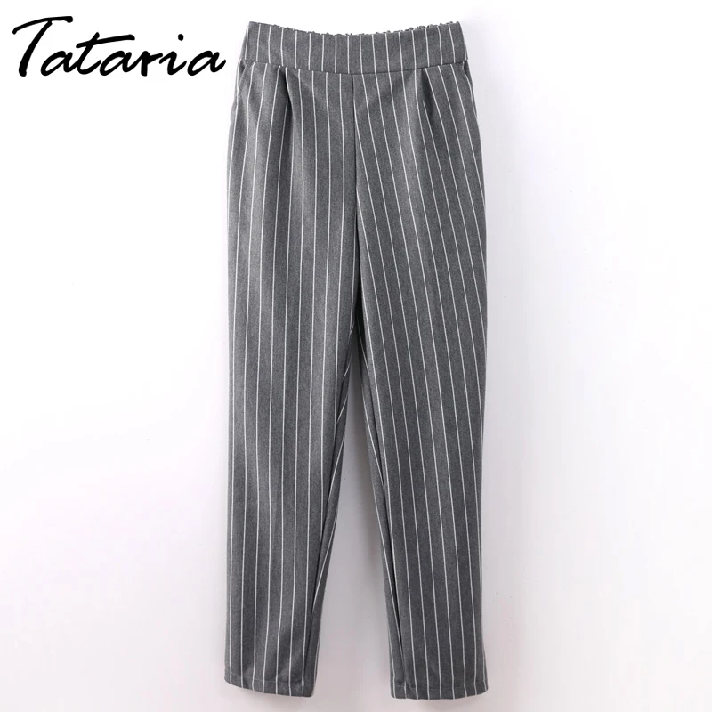 

TATARIA Loose Striped Harem Pants Women Slim Ankle Length Women's Elastic Waist Pencil Pants With Stripes Women Trousers Female