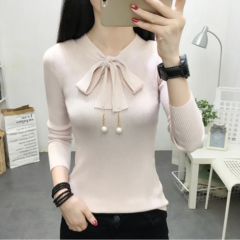 Winter Tops For Women 2018 New Bow Beading Lace Up  Knitted Sweater Women Sweaters And Pullovers High Elasticity Woman Sweaters