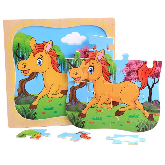 16 Piece Wooden Puzzle Kids Educational Toy Jigsaw Cognition Poultry Animal/ Vehicle/ Aircraft Baby Learning Toys for Children 3