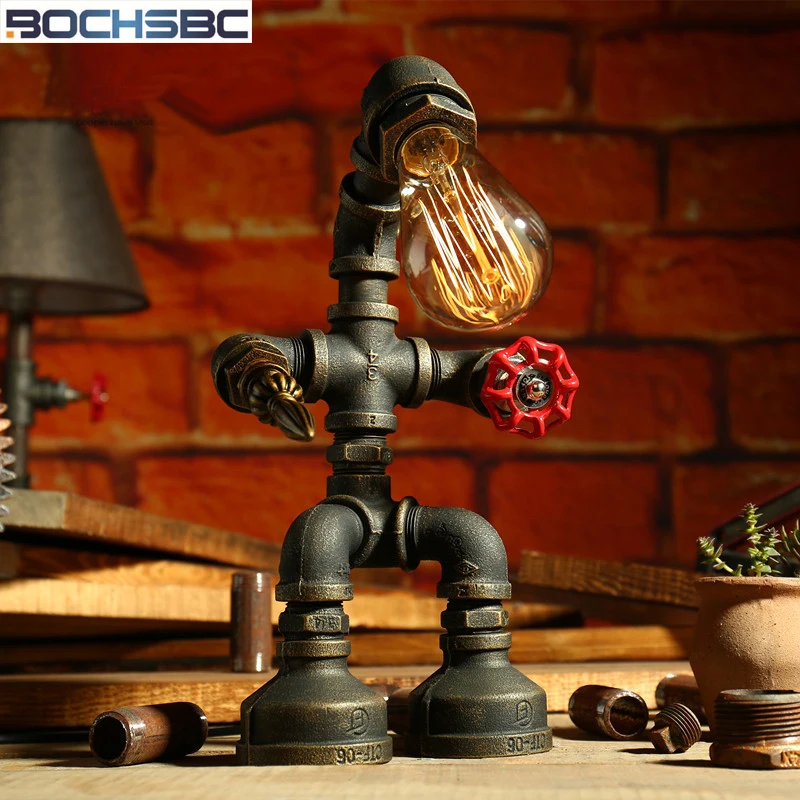 BOCHSBC Robot Design Настольные светильники Лофт Железная Труба Настольная лампа с