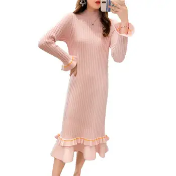 

2019 New Maternity Elegant Ruffles Long Knitted Dress Pregnant Women Ruched Flare Sleeve Sweater Vestido Pregnancy Clothes Q581