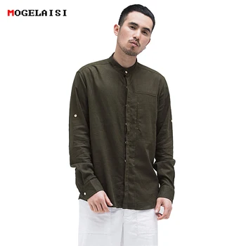 

Chinese style shirt 2018 new Retro linen shirt men solid Stand collar comfortable Natural materials linen cotton men shirt 4XL