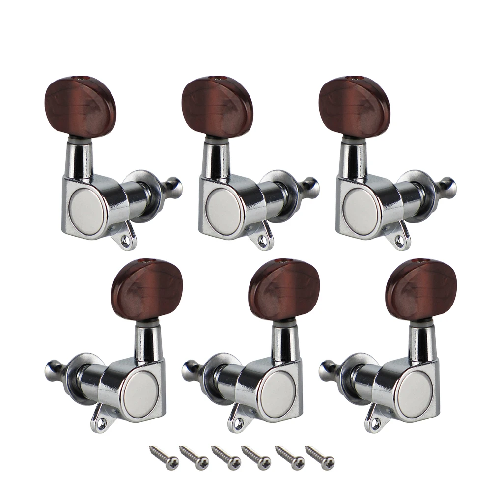 

FLEOR 6PCS Sealed Acoustic Electric Guitar Strings Tuning Pegs Keys 3L3R Guitar Tuners Machines Heads Chrome w/ Red Pearl Button