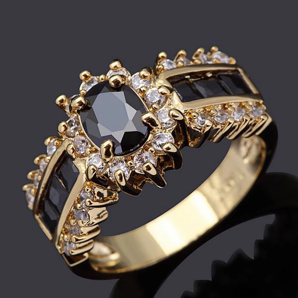 

SuoHuan Size 6-12 Classic Rings For Womens Black Zirconer Stone Crystal Gold Filled Female Fashion Party Rings Jewellery Gift