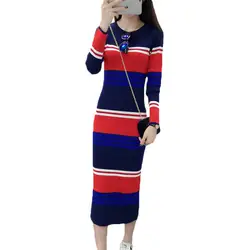 2018 осень-зима новый корейский вязать длинное платье с длинными рукавами и круглым вырезом база мода тонкий мешок хип Femme полосатый