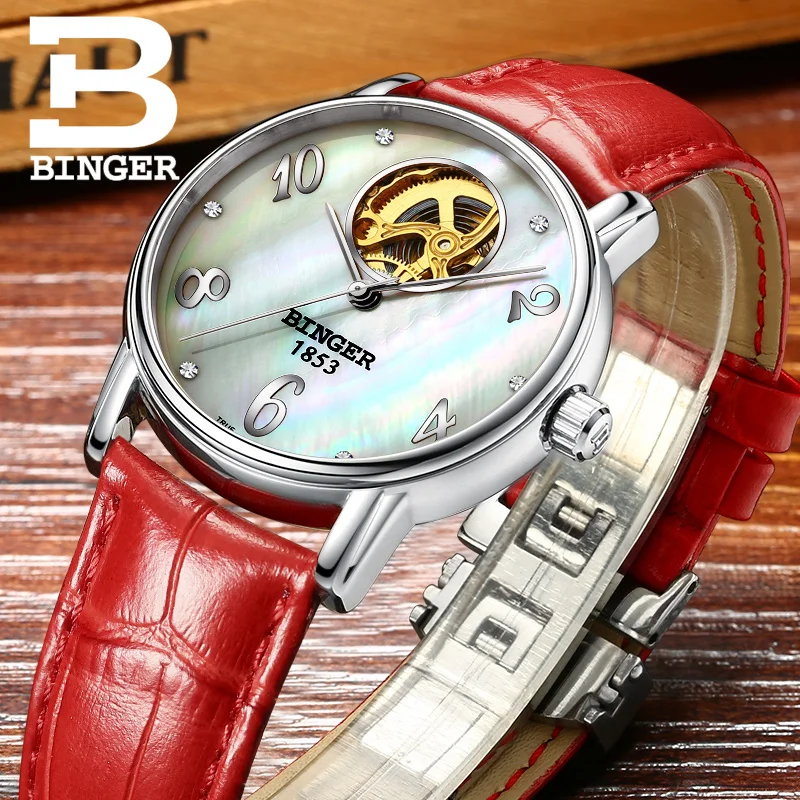Топ бренд Бингер модные повседневные часы женские полые автоматические механические часы с автоматическим заводом женские водонепроницаемые кожаные